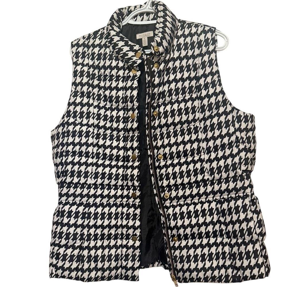 Madison Women's Sleeveless Black White Houndstooth Print Zip Up Vest Size XL